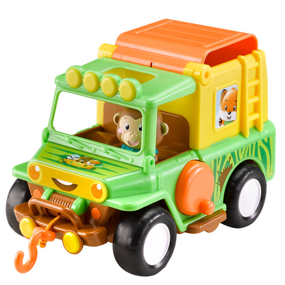 Green and yellow safari jeep toy with monkey character in driver's seat, orange roof rack, black wheels, and orange hook attachment
