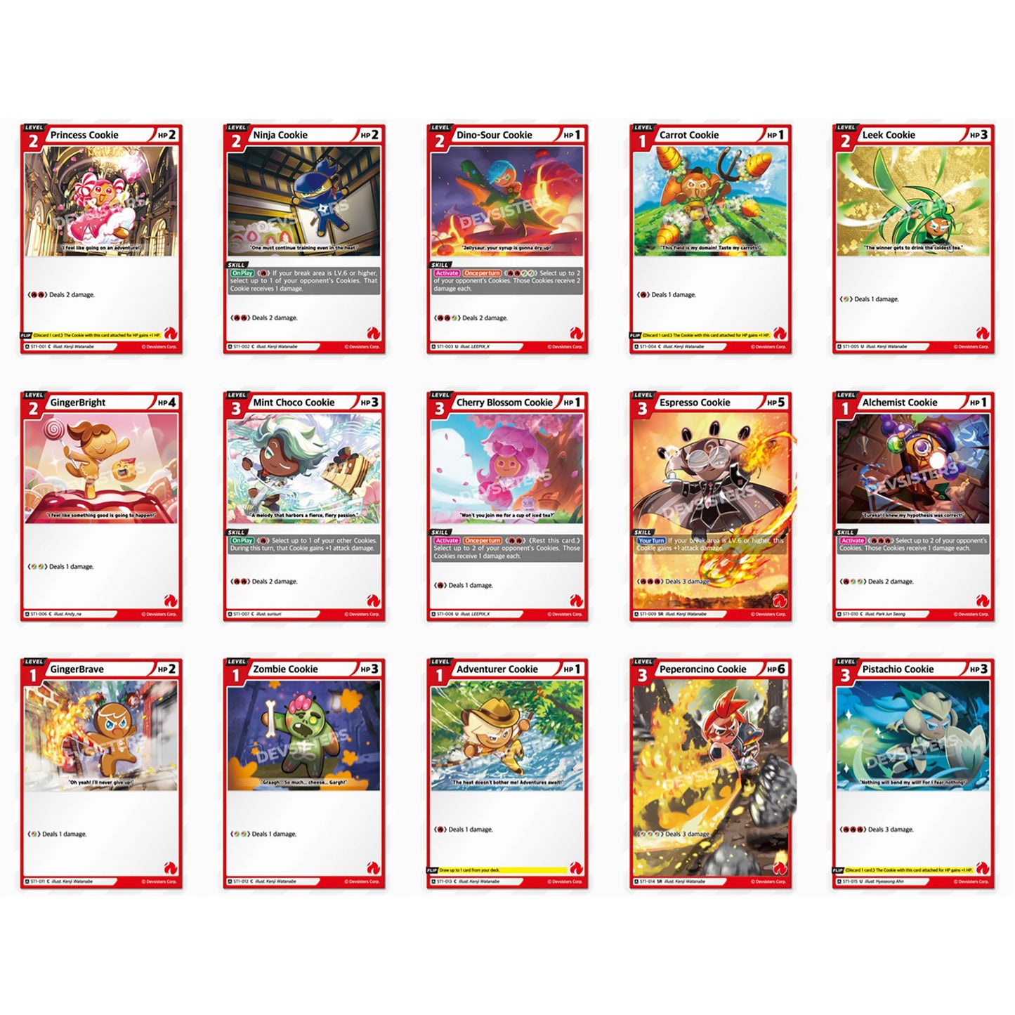 CookieRun Braverse Trading Card Game Starter Deck Red with 15 character cards displayed including Princess Cookie, Ni...