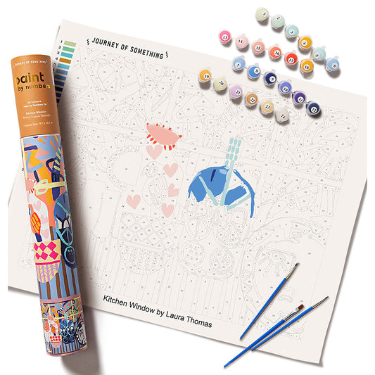 JOS Paint By Numbers Kitchen Window set with numbered canvas, paint tubes, and brushes