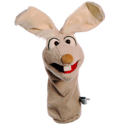 Cream-colored plush hand puppet rabbit with long ears, orange nose, black eyes, and red mouth, 17 inches tall