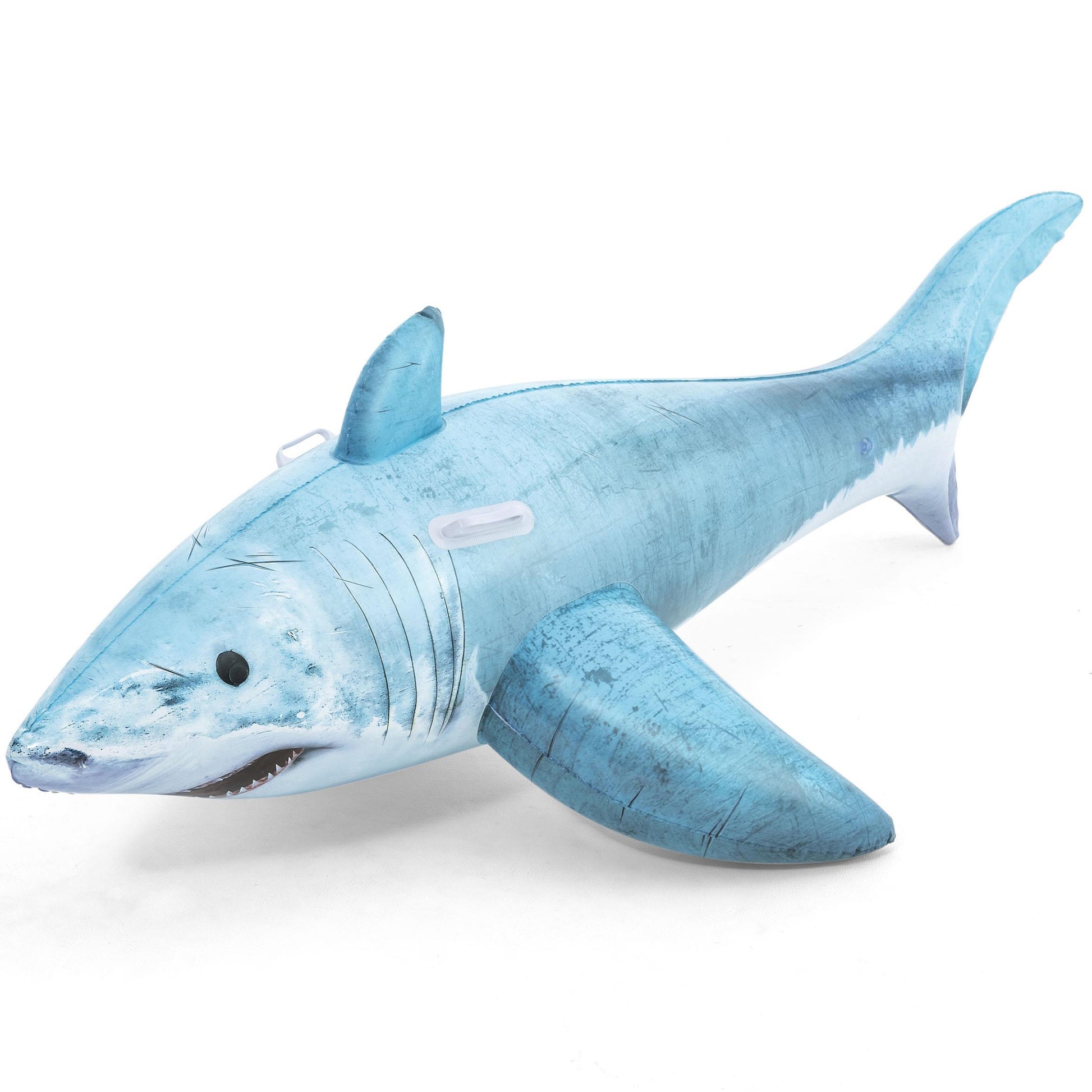 Blue and white inflatable shark ride-on float with dorsal fin, handles, and realistic facial details on plain background