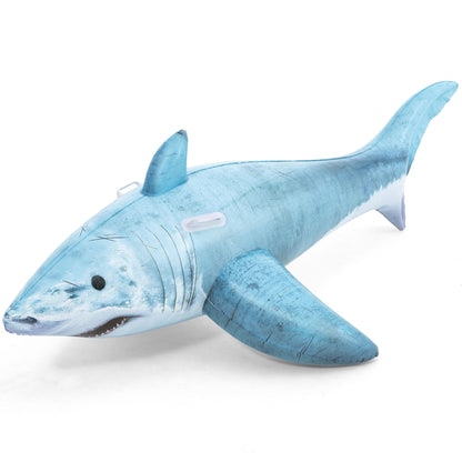 Blue and white inflatable shark ride-on float with dorsal fin, handles, and realistic facial details on plain background