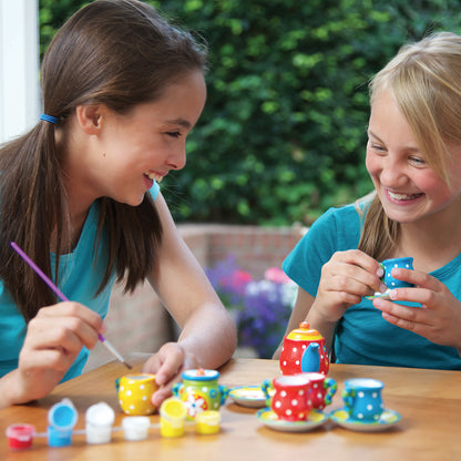 KidzMaker Paint Your Own Mini Tea Set with colorful polka dot pieces