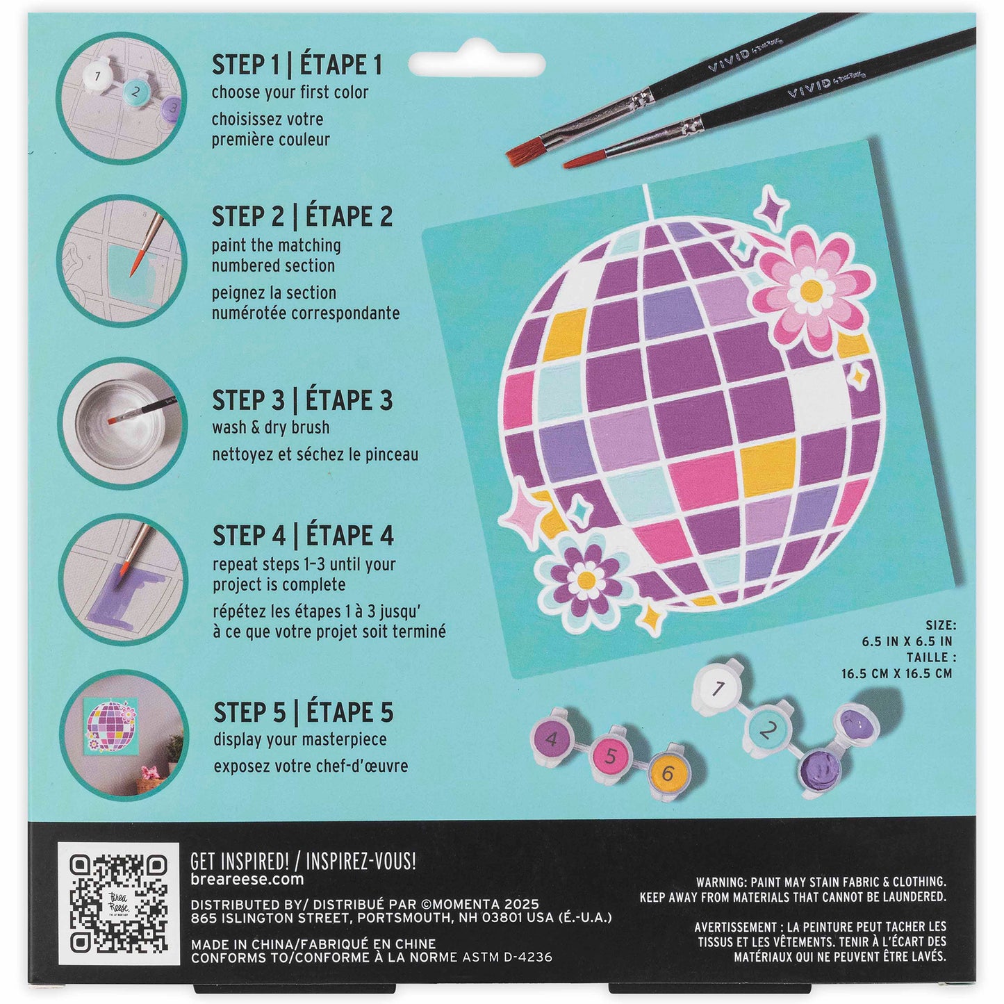 Mini Paint By Number Disco Ball craft kit with purple, pink, and yellow colors