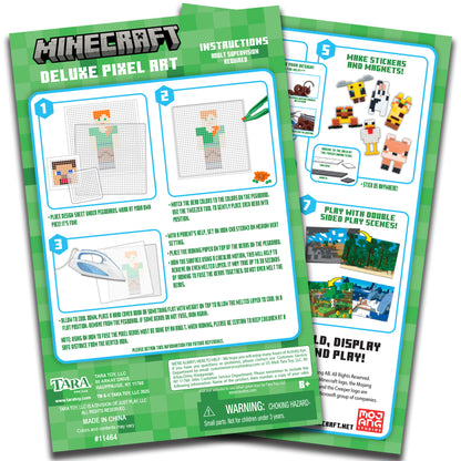 Minecraft Deluxe Fuse Bead Pixel Art Craft Kit package showing colorful bead designs, pegboards, and finished charact...