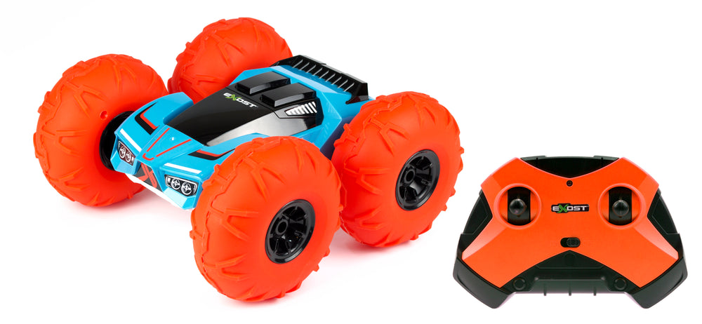 EXOST 360 Tornado remote control stunt car with blue and black body, four large bright orange inflatable tires, and orange remote control
