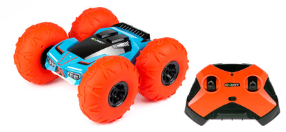 EXOST 360 Tornado remote control stunt car with blue and black body, four large bright orange inflatable tires, and orange remote control