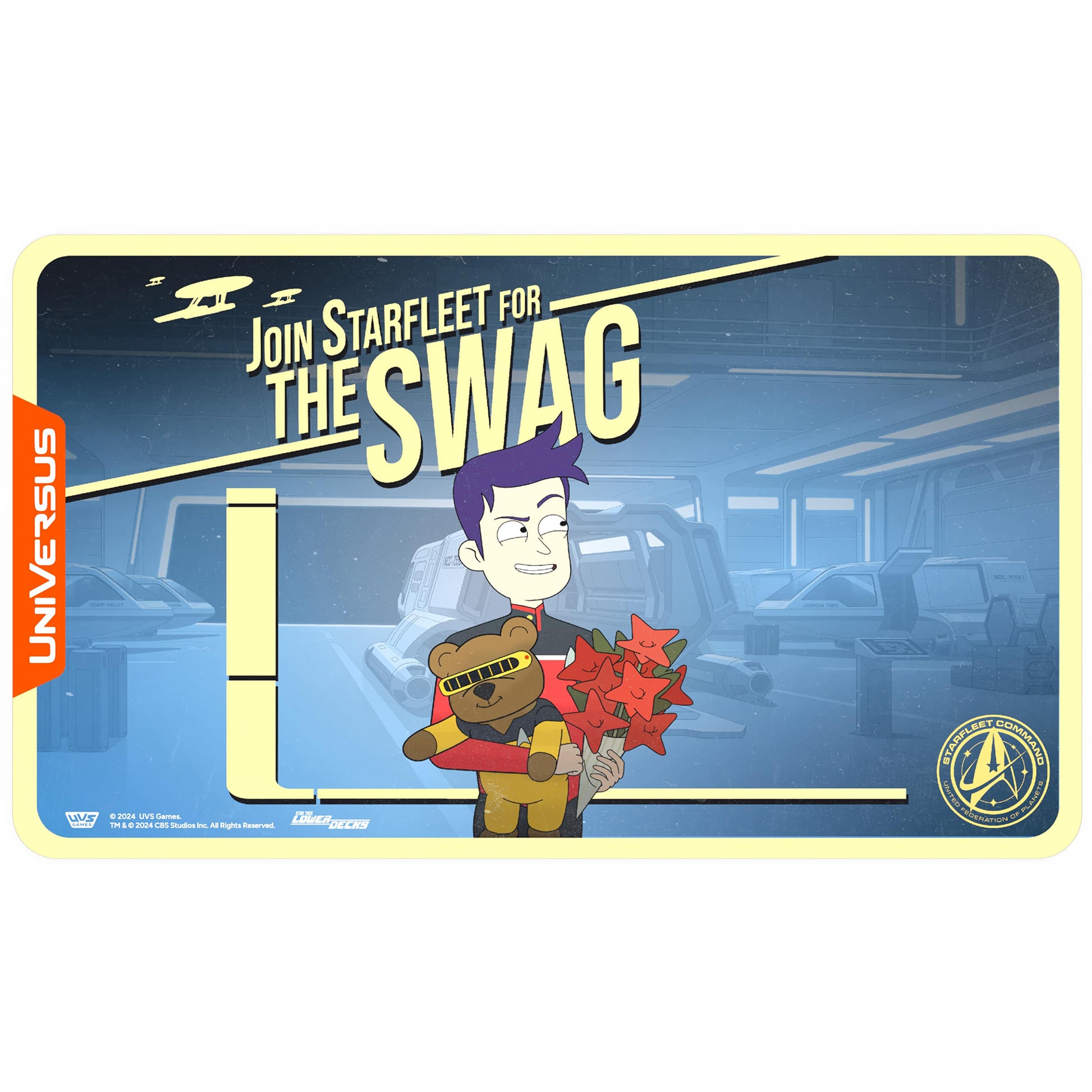 Star Trek Lower Decks Brad Boimler Playmat featuring animated character with purple hair holding a teddy bear and red stars, spaceship interior background, yell