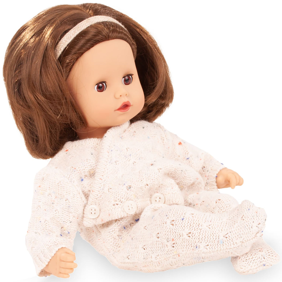 Muffin Doll 13" soft doll with brown hair, headband, and beige knit jumpsuit