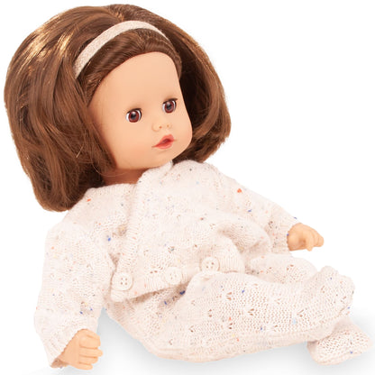 Muffin Doll 13" soft doll with brown hair, headband, and beige knit jumpsuit