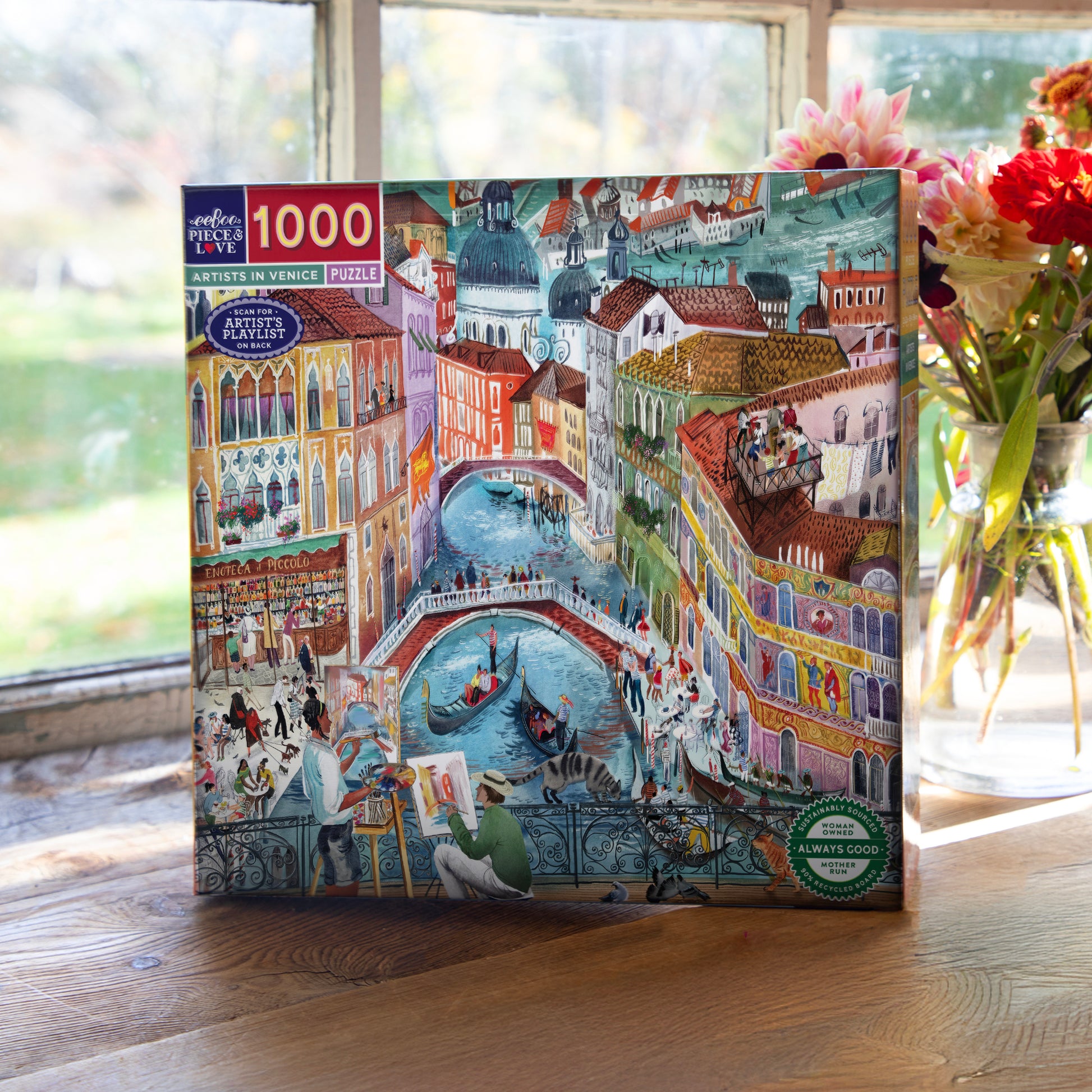 Piece&Love Artists in Venice 1000 piece puzzle box featuring colorful illustrated Venetian canals and gondolas