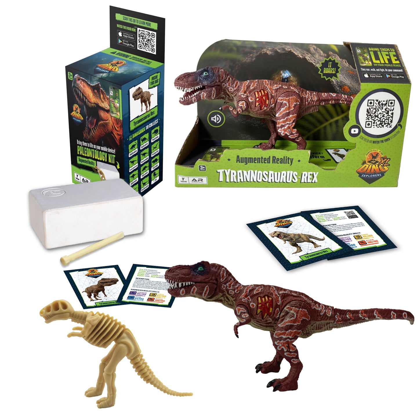 Dino Explorers AR Dinosaur XL & Brick Combo set including 10-inch brown T-Rex figure with sound, cream skeleton fossil figure, excavation kit with tools, instru