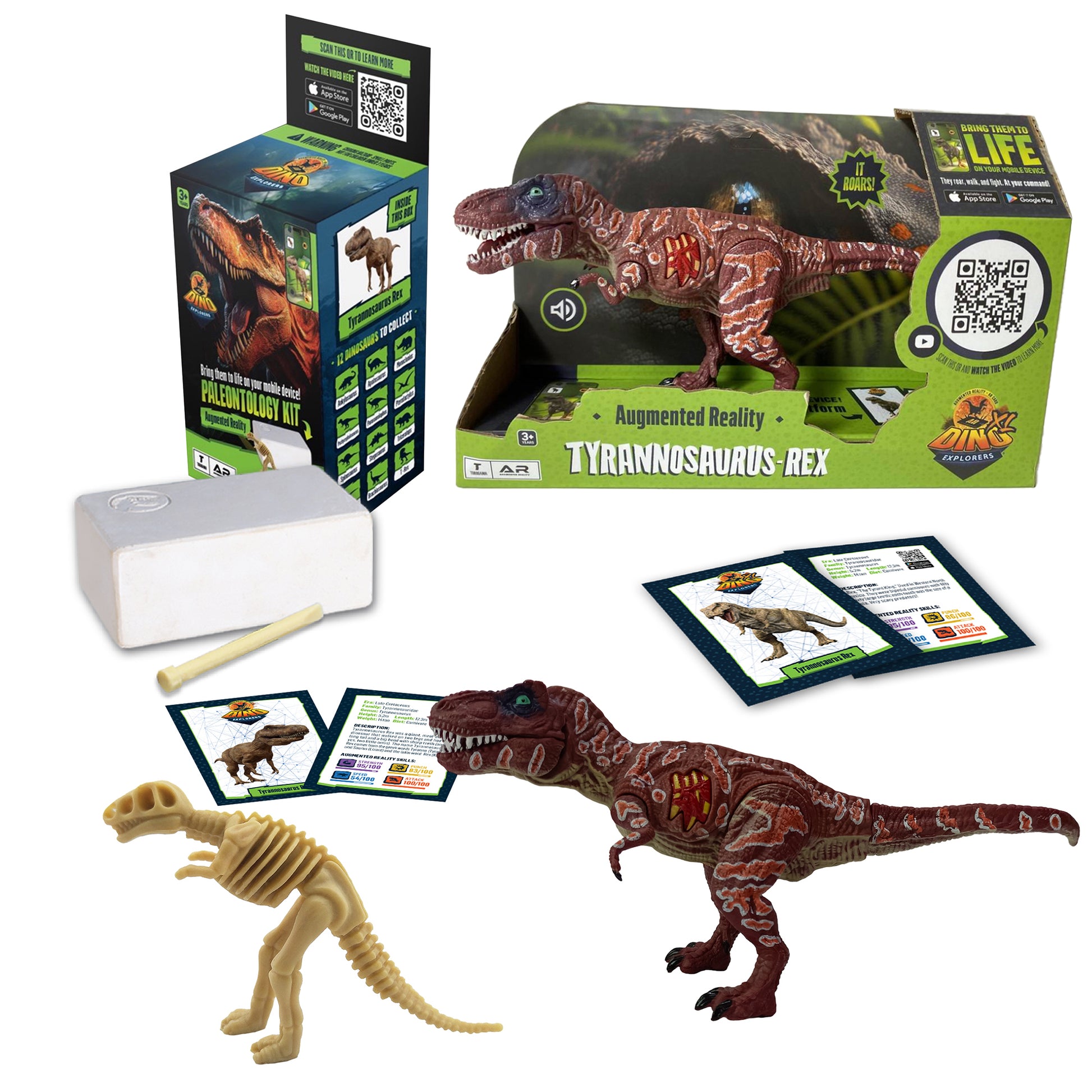 Dino Explorers AR Dinosaur XL & Brick Combo set including 10-inch brown T-Rex figure with sound, cream skeleton fossil figure, excavation kit with tools, instru