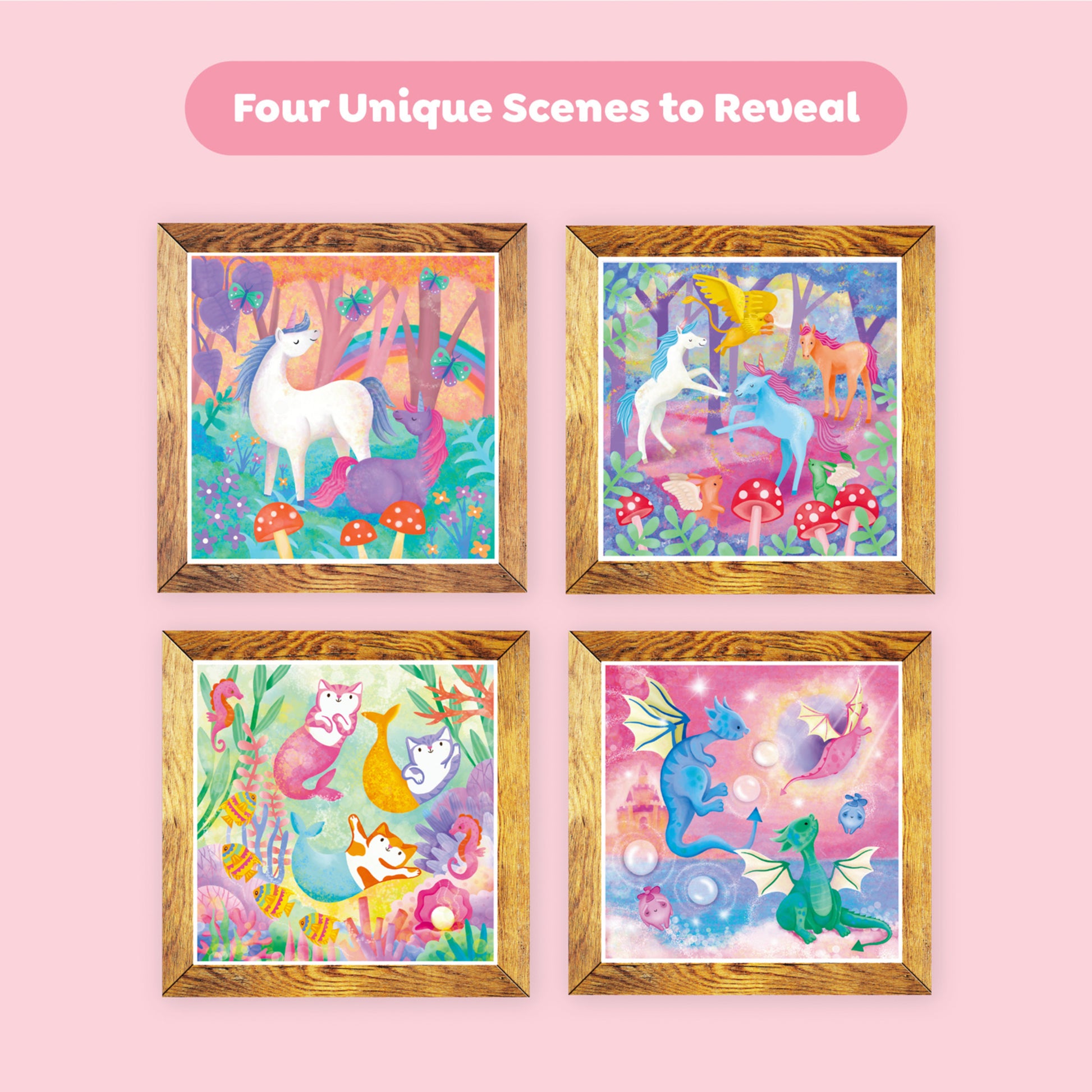 Tiger Tribe Magic Water Painting Unicorn set with 4 framed colorful scene cards featuring unicorns, dragons, and magi...
