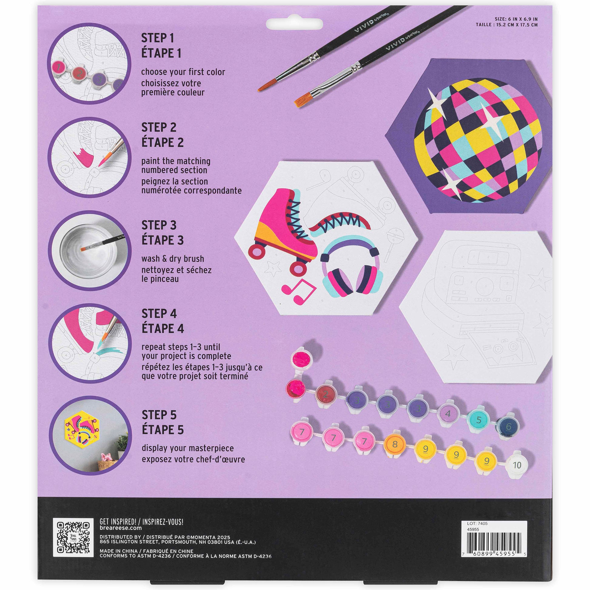 Mini Paint By Number Hexagon Retro 70s kit with colorful disco ball and roller skate designs