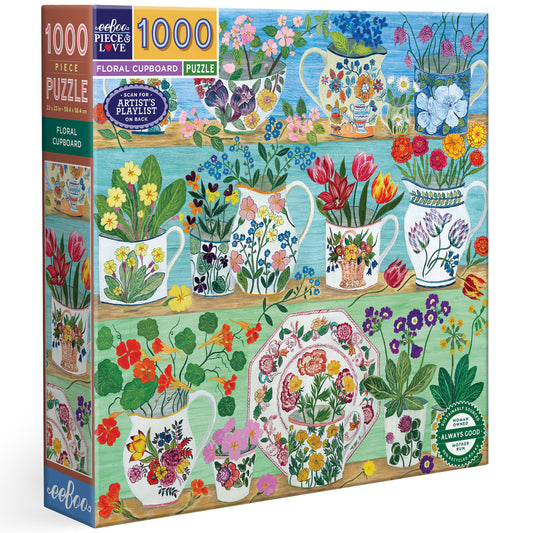 eeBoo Floral Cupboard 1000 Piece Puzzle featuring colorful flowers in decorative vases