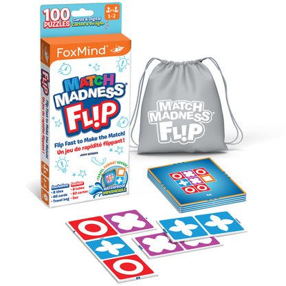 Match Madness Flip game set with packaging box, gray drawstring travel bag, stack of blue game cards, and loose cards showing red circles and purple/blue clover