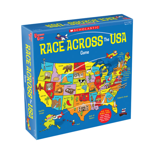 Scholastic Race Across the USA Game box featuring colorful US map with state icons and illustrations