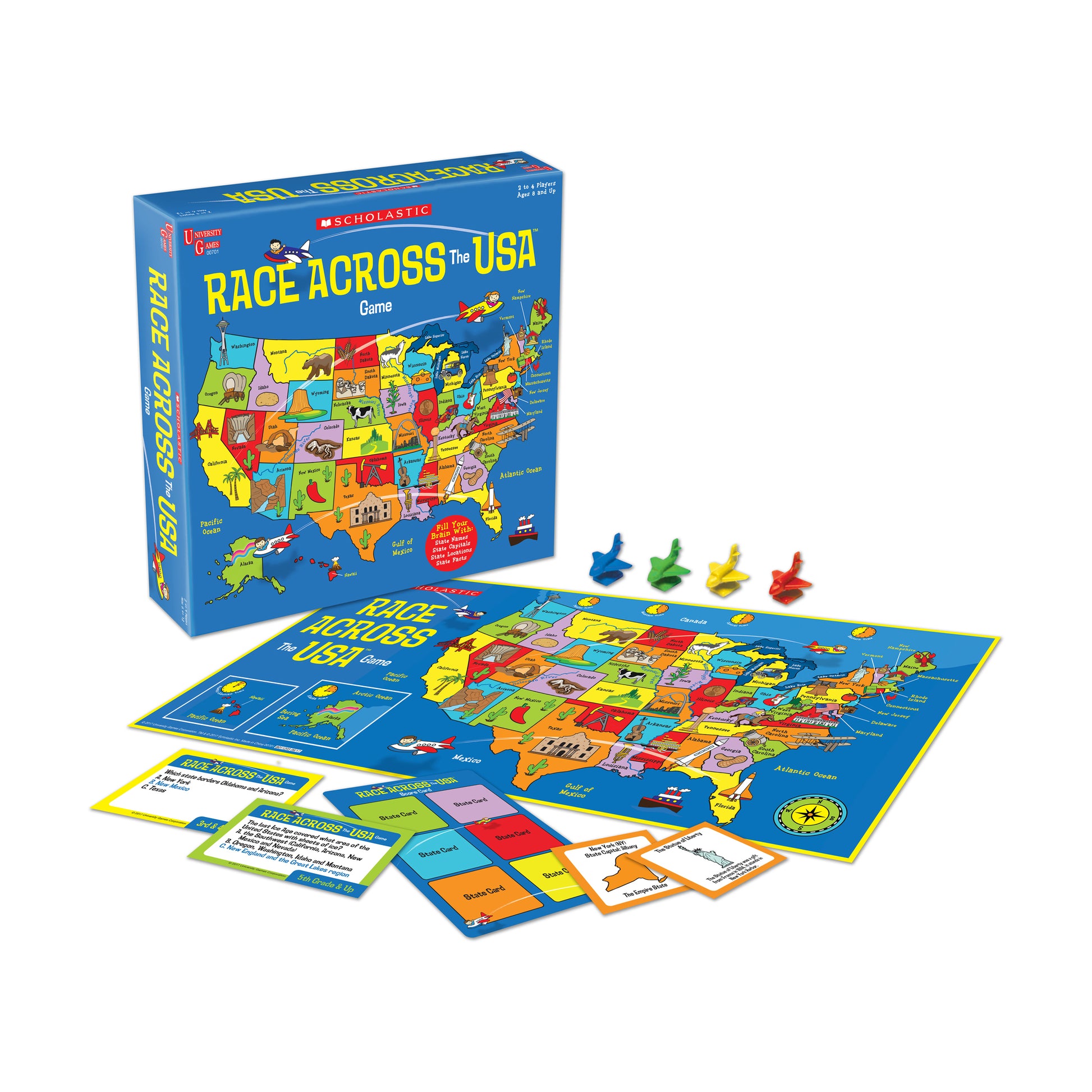 Scholastic Race Across the USA Game with colorful game board, player pieces, and cards