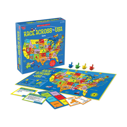 Scholastic Race Across the USA Game with colorful game board, player pieces, and cards