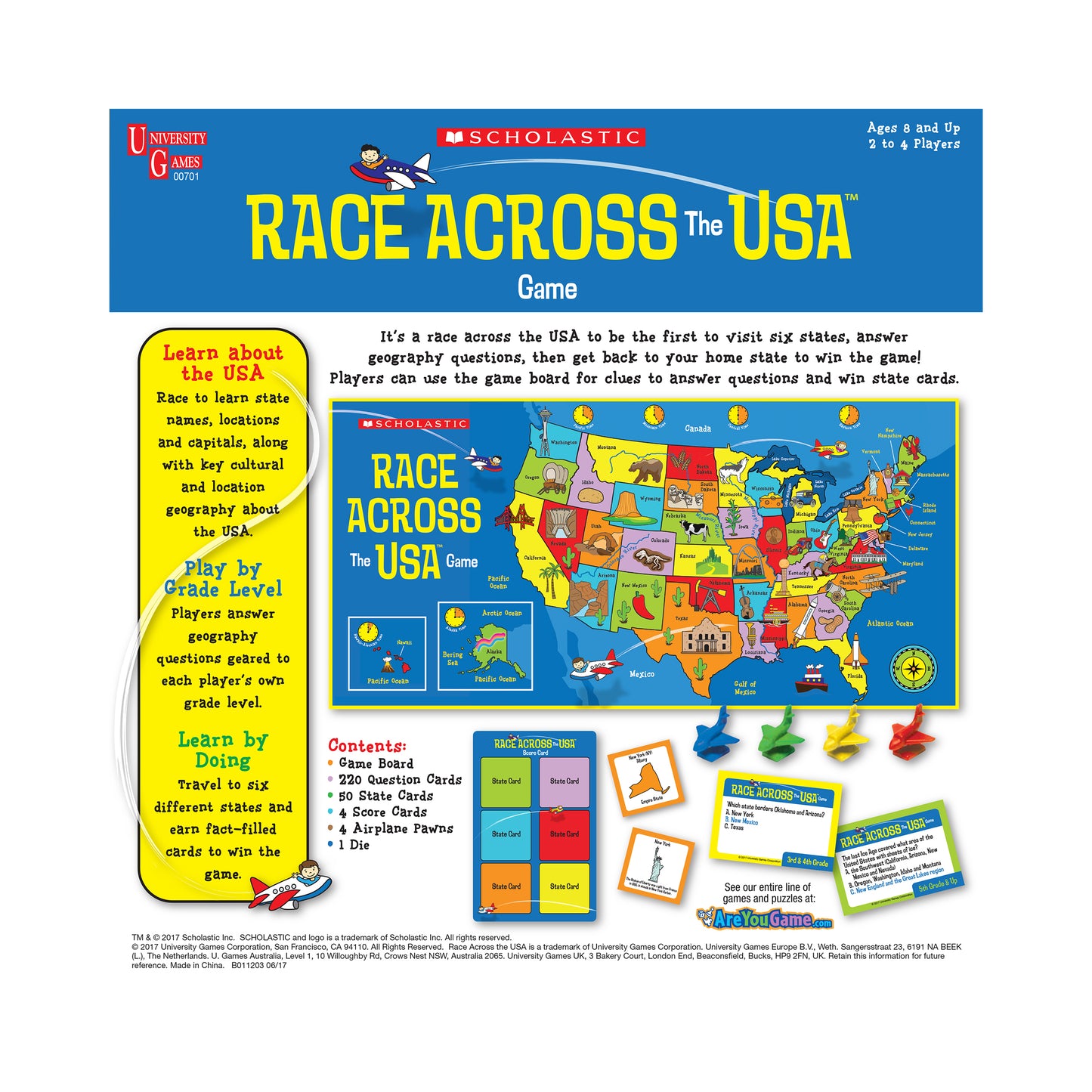 Scholastic Race Across the USA Game board with colorful state cards, game pieces, and educational geography content f...