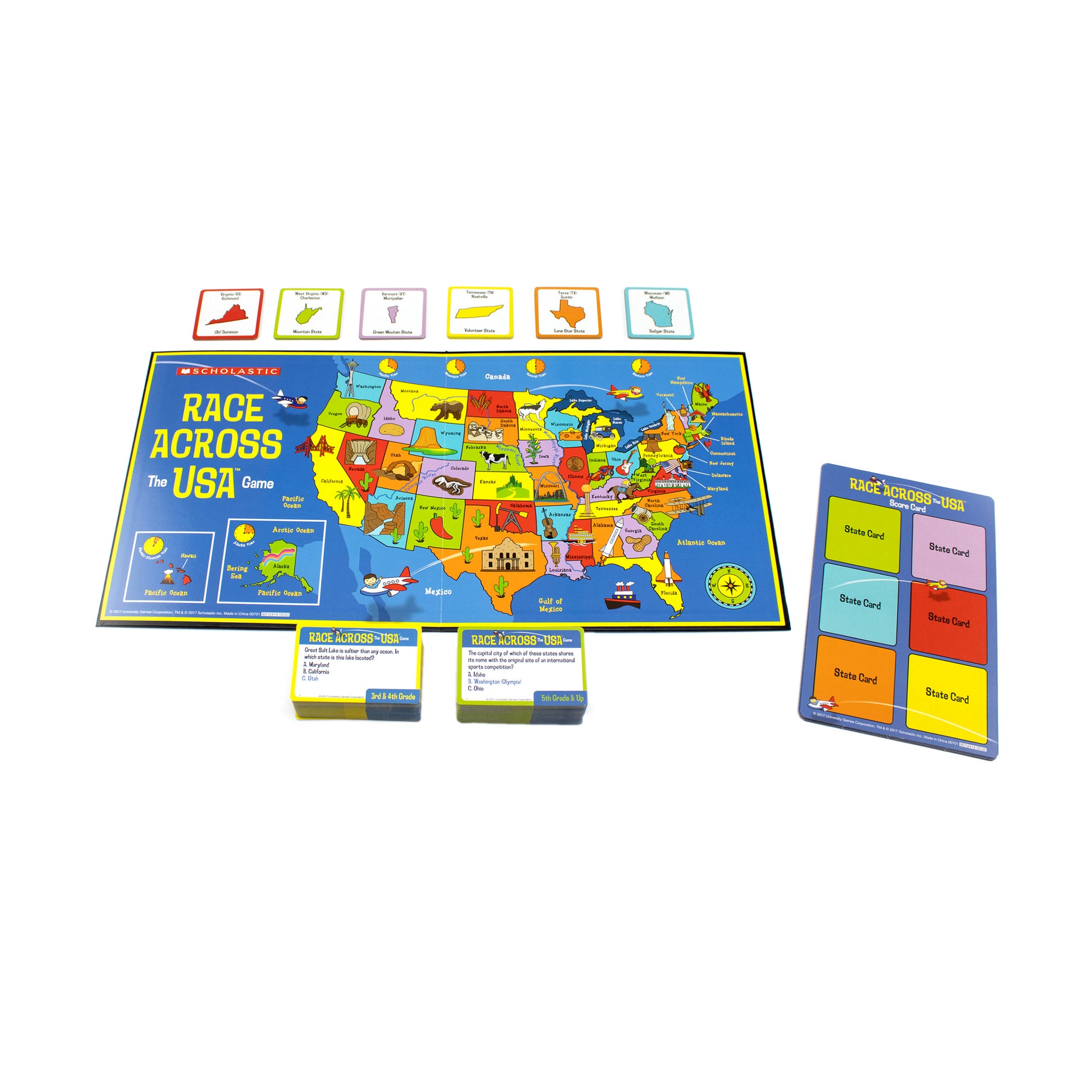 Scholastic Race Across the USA Game with colorful game board, state cards, and question cards
