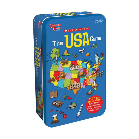 The USA Game board game in blue metal tin, showing colorful state map with regional icons and landmarks