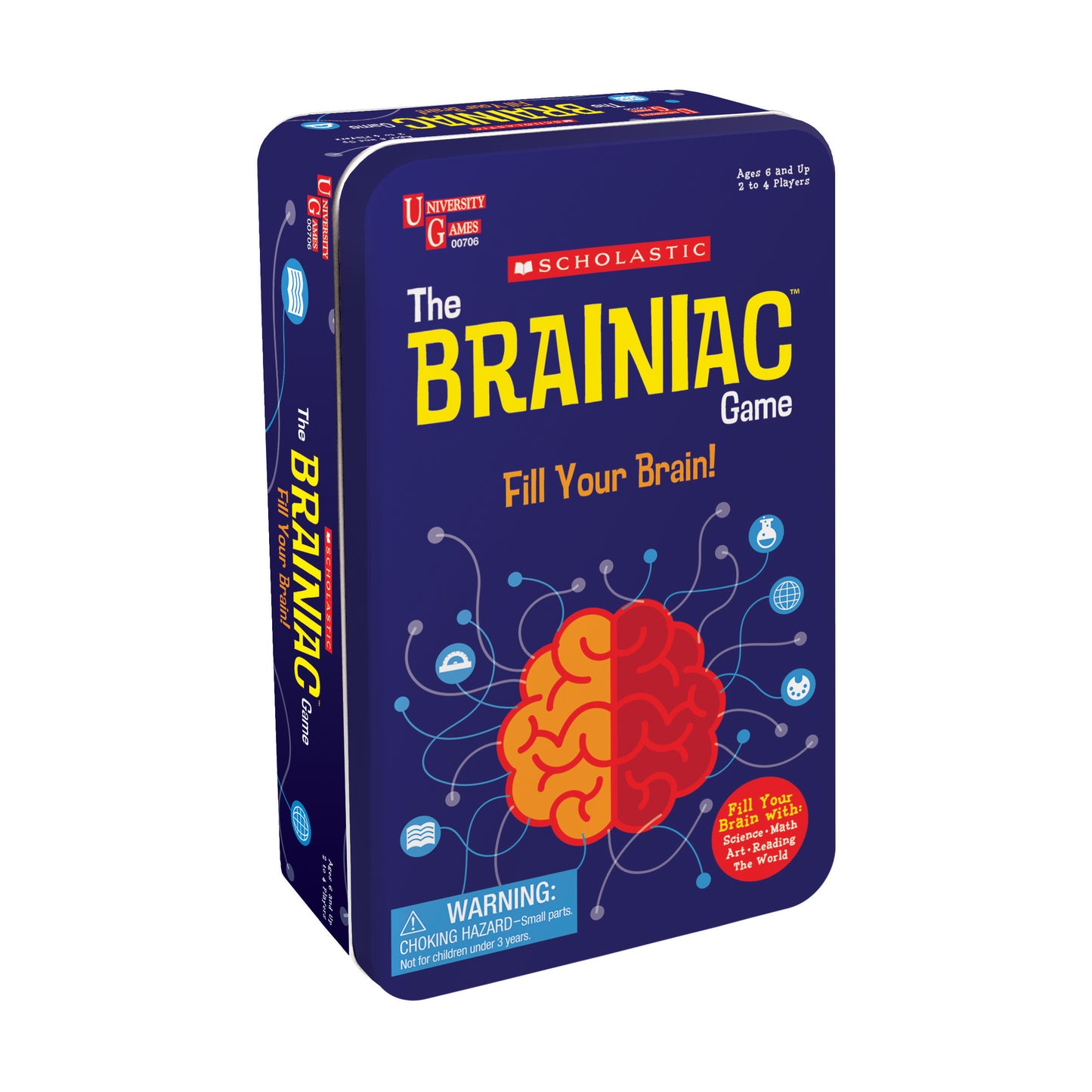 The Brainiac Game tin box by Scholastic, navy blue with red and yellow brain graphic, tagline 'Fill Your Brain'