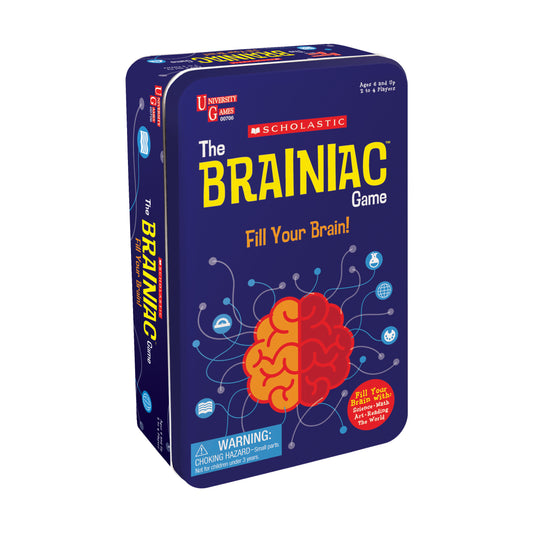 The Brainiac Game tin box by Scholastic, navy blue with red and yellow brain graphic, tagline 'Fill Your Brain'