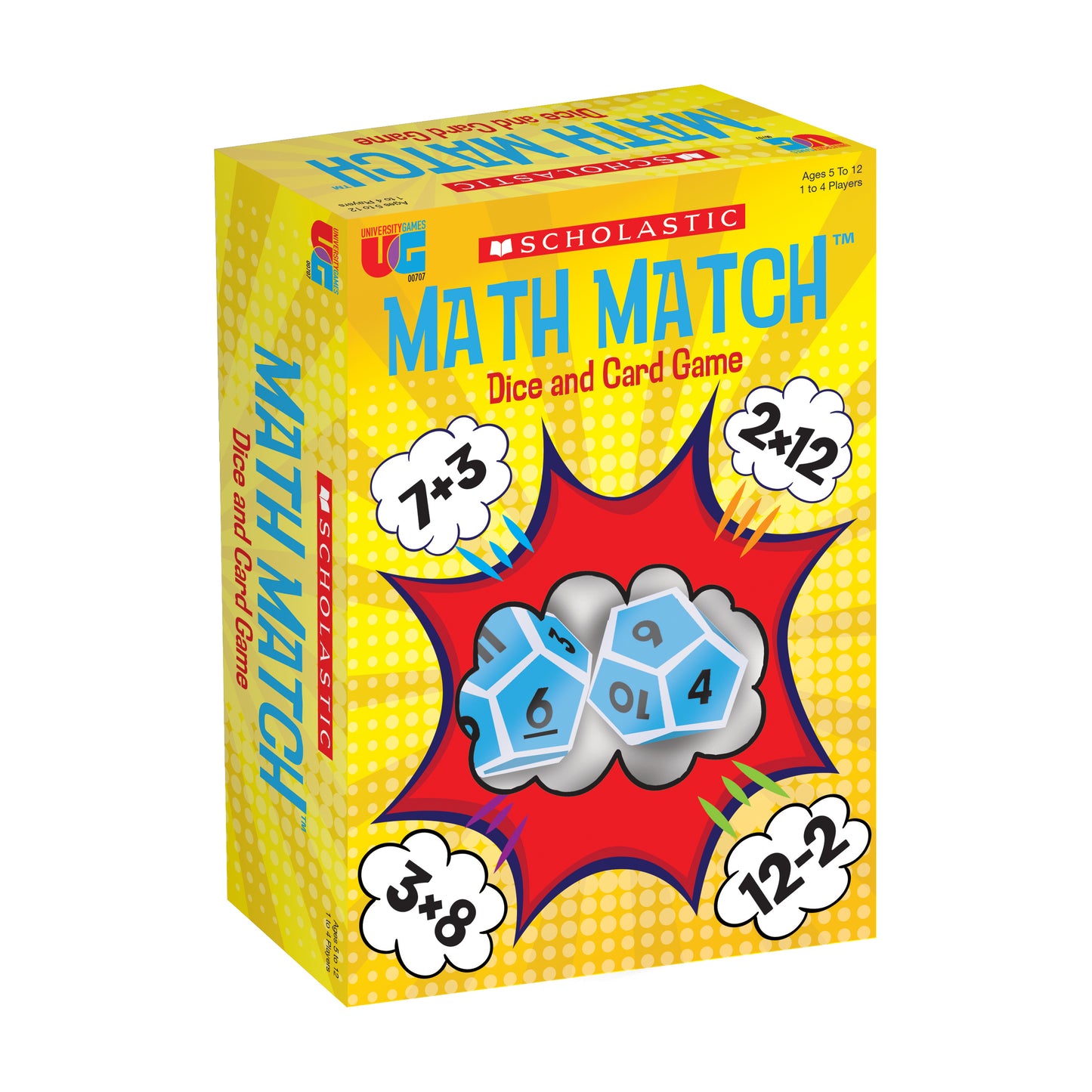 Scholastic Math Match Dice and Card Game box featuring bright yellow background with red starburst, blue polyhedral dice, and math problems in white clouds