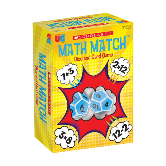 Scholastic Math Match Dice and Card Game box featuring bright yellow background with red starburst, blue polyhedral dice, and math problems in white clouds