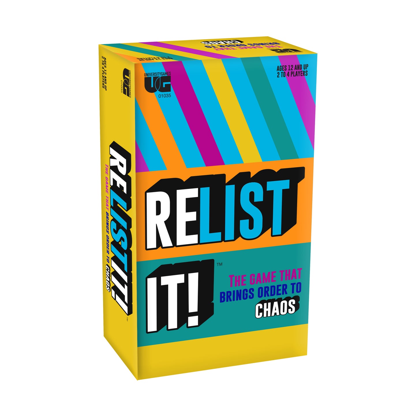 Relist It! board game box with colorful diagonal stripes, orange banner with large white text, ages 12 and up, 2 to 4 players