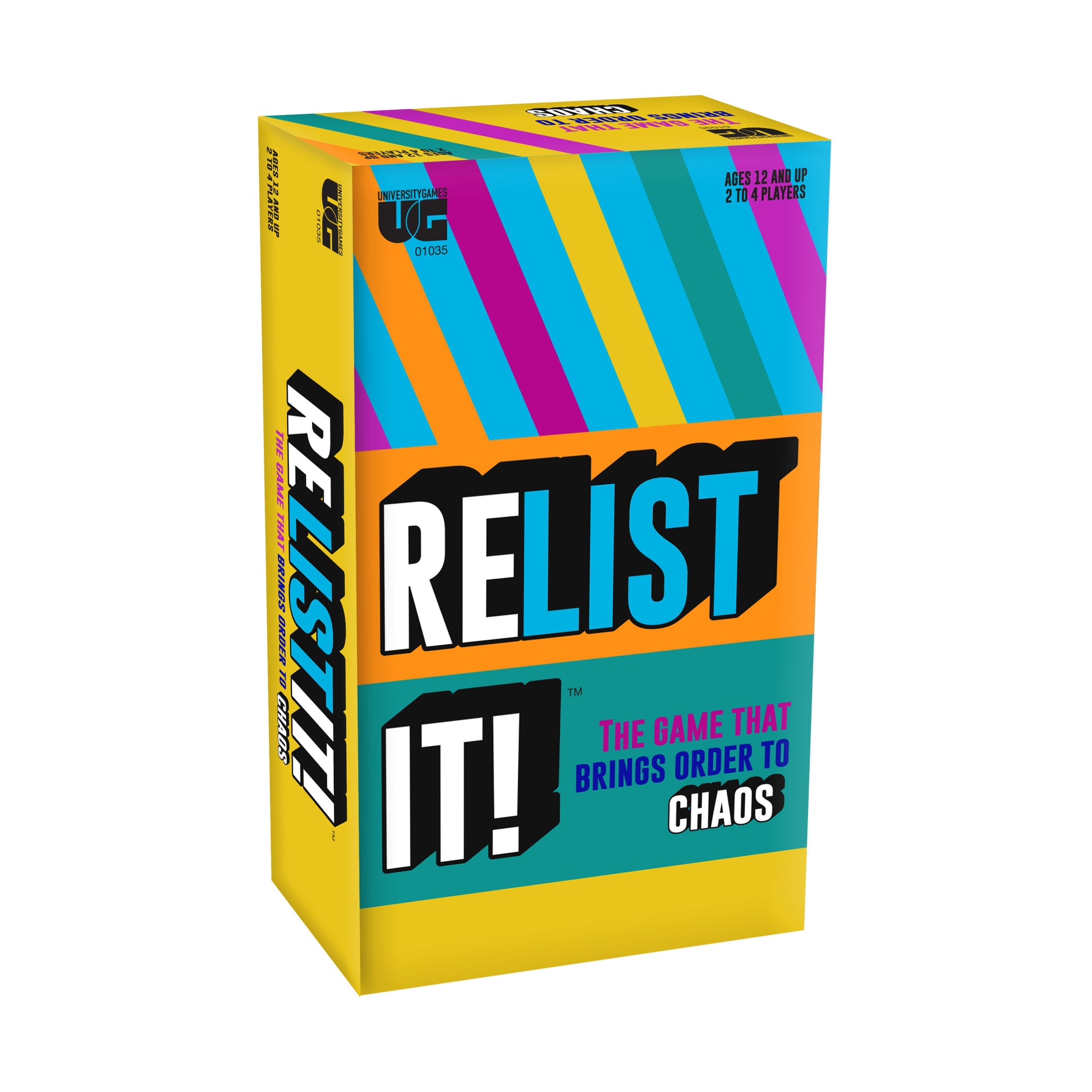 Relist It! board game box with colorful diagonal stripes, orange banner with large white text, ages 12 and up, 2 to 4 players
