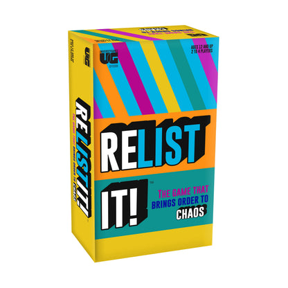 Relist It! board game box with colorful diagonal stripes, orange banner with large white text, ages 12 and up, 2 to 4 players