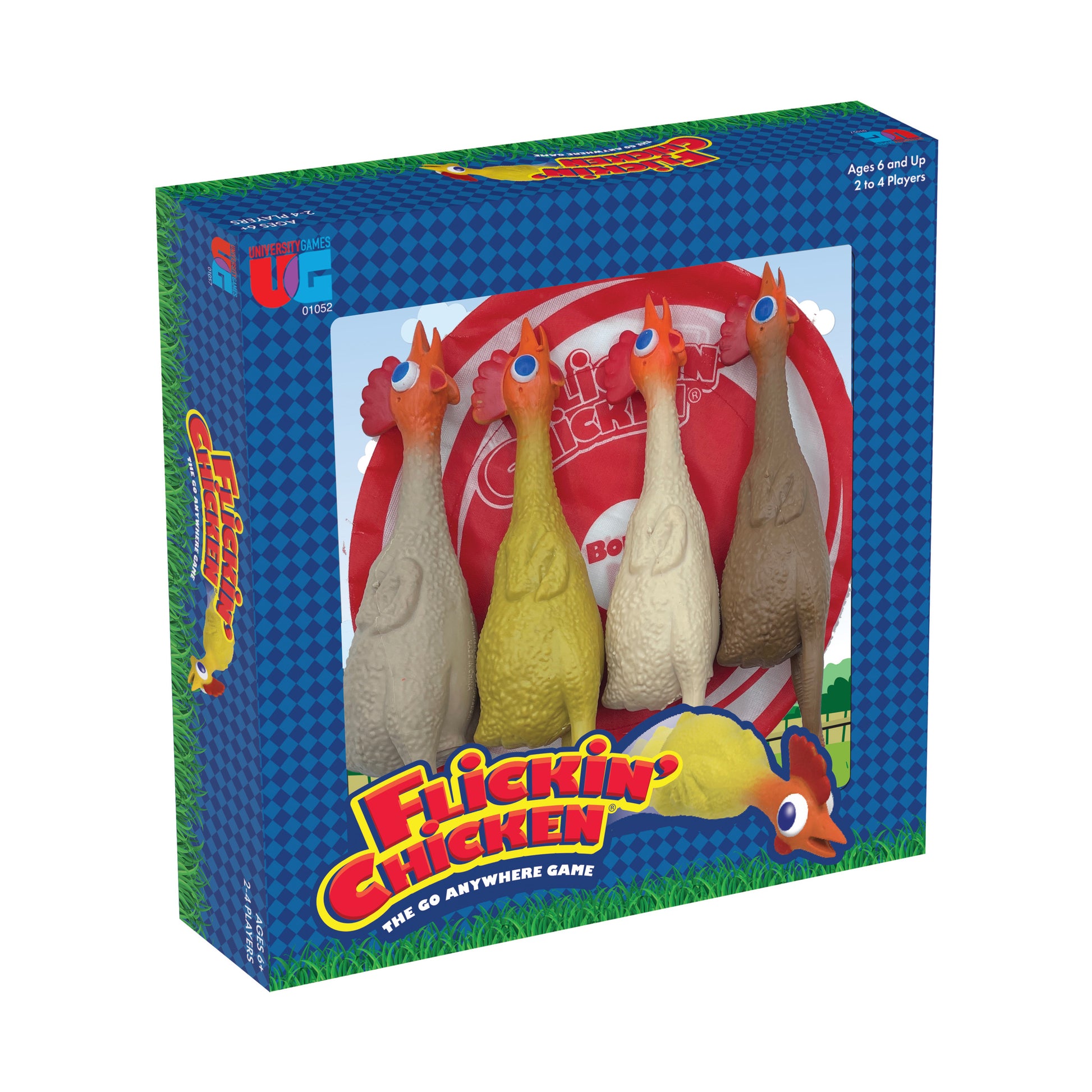 Flickin' Chicken flicking game box showing four chicken figurines with red and yellow heads and tan bodies, includes yellow ball, for ages 6 and up, 2 to 4 play