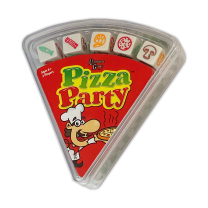 Pizza Party dice-tossing game in pizza-slice-shaped clear plastic case with six white dice showing food toppings, red box featuring cartoon chef