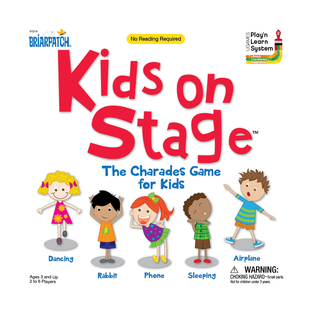 Kids on Stage Charades Game for kids featuring colorful cartoon characters dancing, playing rabbit, sleeping, etc