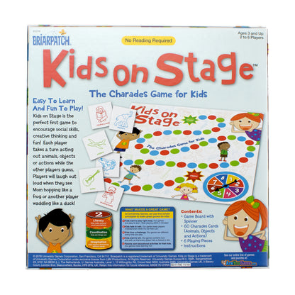 Kids On Stage Charades Board Game box showing colorful game board, spinner, character cards, cartoon children play