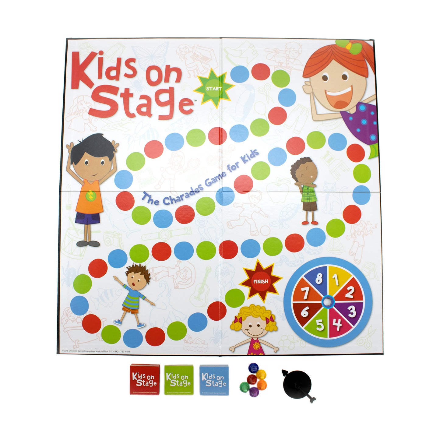 Kids on Stage Board Game with colorful spinner, game pieces, and character-themed path