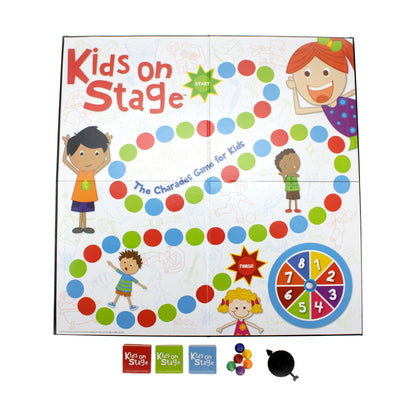 Kids on Stage Board Game with colorful spinner, game pieces, and character-themed path