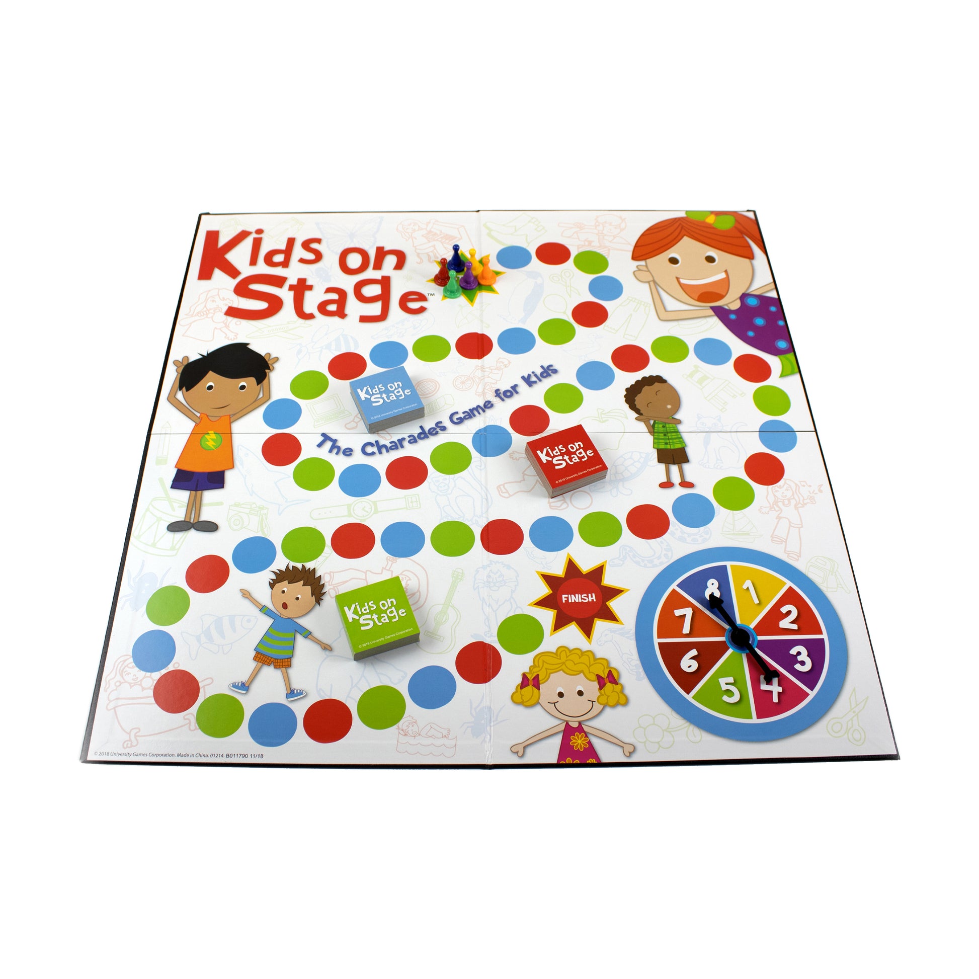 Kids On Stage Board Game with colorful spinner, game pieces, and character illustrations