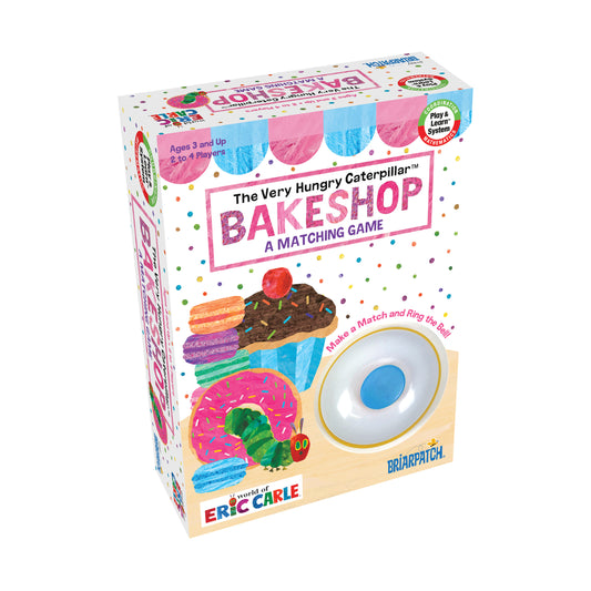 The Very Hungry Caterpillar Bakeshop A Matching Game box featuring colorful bakery items including a cupcake, donut, and caterpillar character with a spinner wh