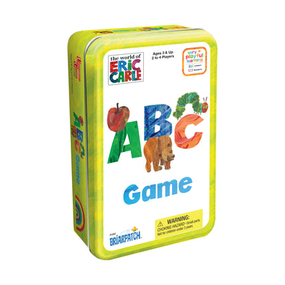 The World of Eric Carle ABC Game in a tin; yellow box featuring colorful letters A, B, C with an apple, caterpillar, and bear illustration