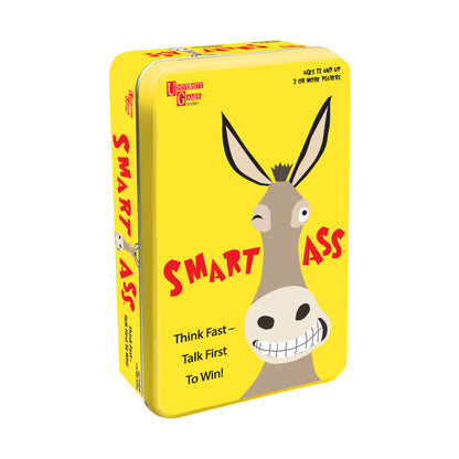 Smart Ass card game in yellow tin with cartoon donkey character and red text reading 'SMART ASS' and 'Think Fast—Talk First To Win!'