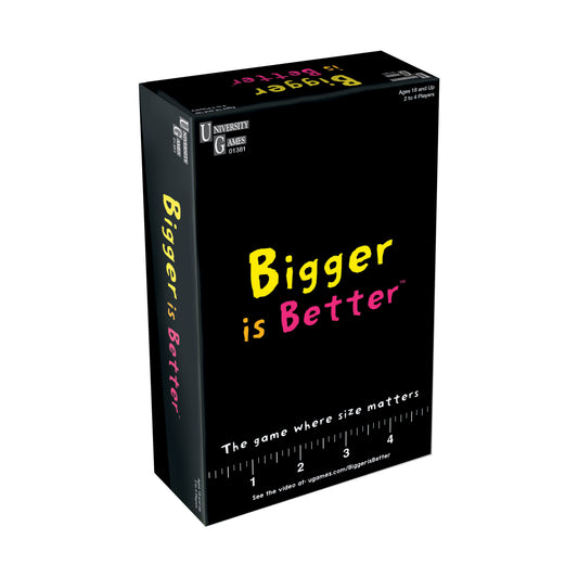 Bigger is Better board game box by University Games, black packaging with yellow and pink text, tagline "The game where size matters" with ruler graphic