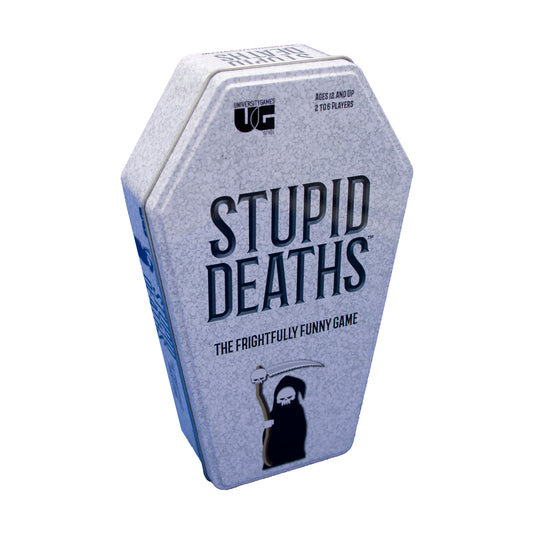 Stupid Deaths Frightfully Funny Card Game Tin, coffin-shaped box with black grim reaper illustration