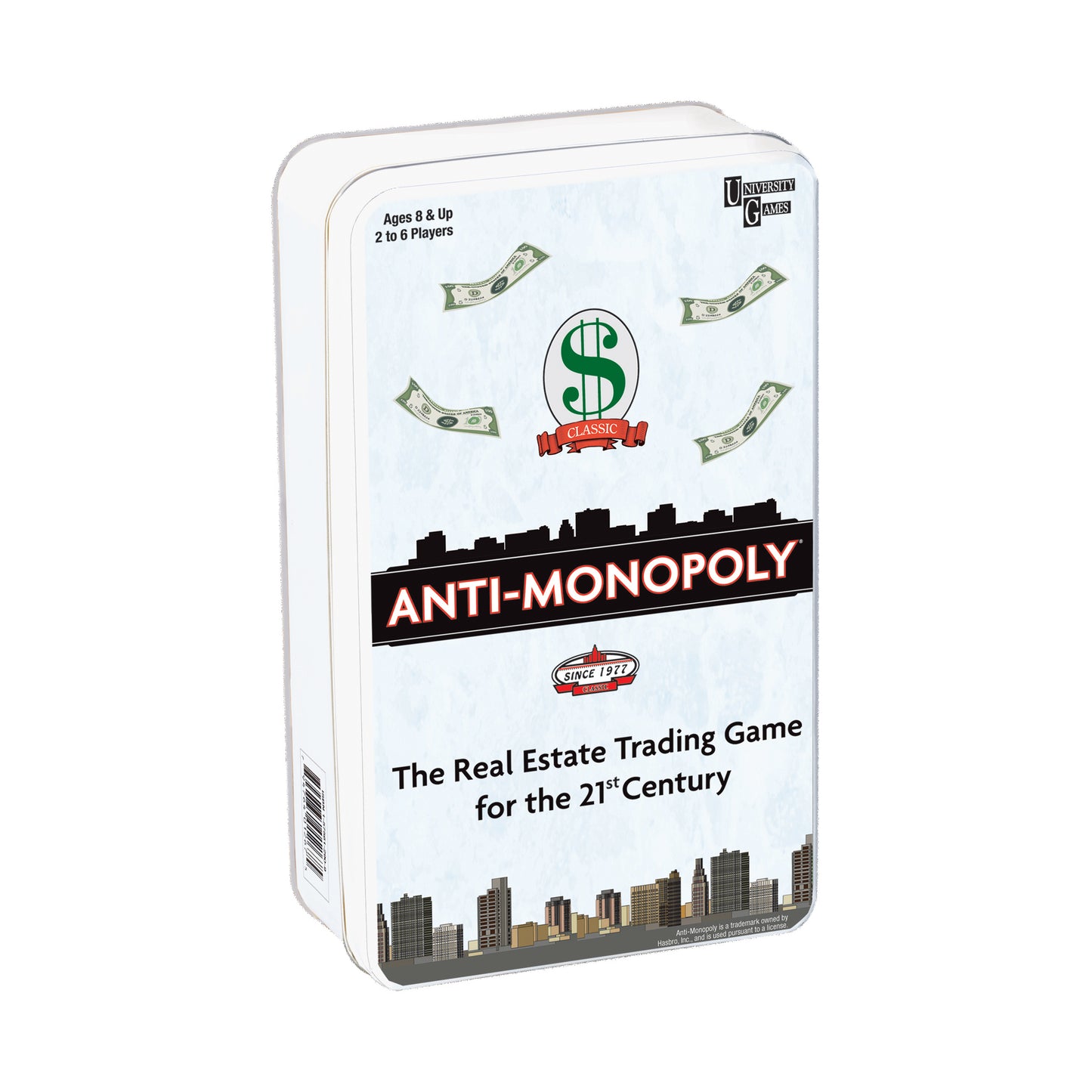 Anti-Monopoly Game Travel Edition Tin box featuring dollar sign logo, cityscape silhouettes, and text reading 'The Real Estate Trading Game for the 21st Century