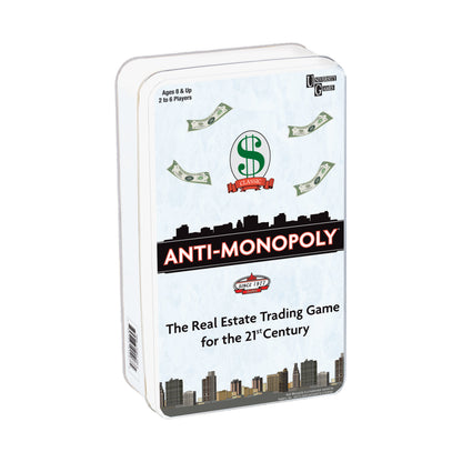 Anti-Monopoly Game Travel Edition Tin box featuring dollar sign logo, cityscape silhouettes, and text reading 'The Real Estate Trading Game for the 21st Century