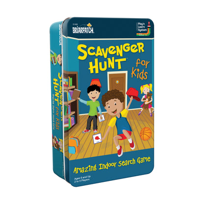 Briarpatch Scavenger Hunt for Kids board game in blue tin box featuring illustrated children playing indoors, labeled Amazing Indoor Search Game for ages 6 and