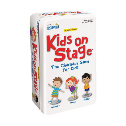 Kids on Stage The Charades Game for Kids board game box by Briarpatch, featuring illustrated children demonstrating airplane, phone, and rabbit character poses